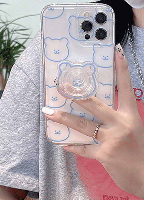 [무배+그립톡] 투명 블루 곰돌이 패턴 스마트 아이폰 케이스
